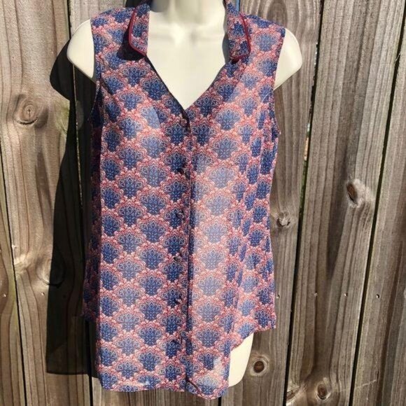 Cabi Blouse XS Top Fan Button Down Red Blue Tank Sleeveless 3620 Sheer Collar - Picture 5 of 11